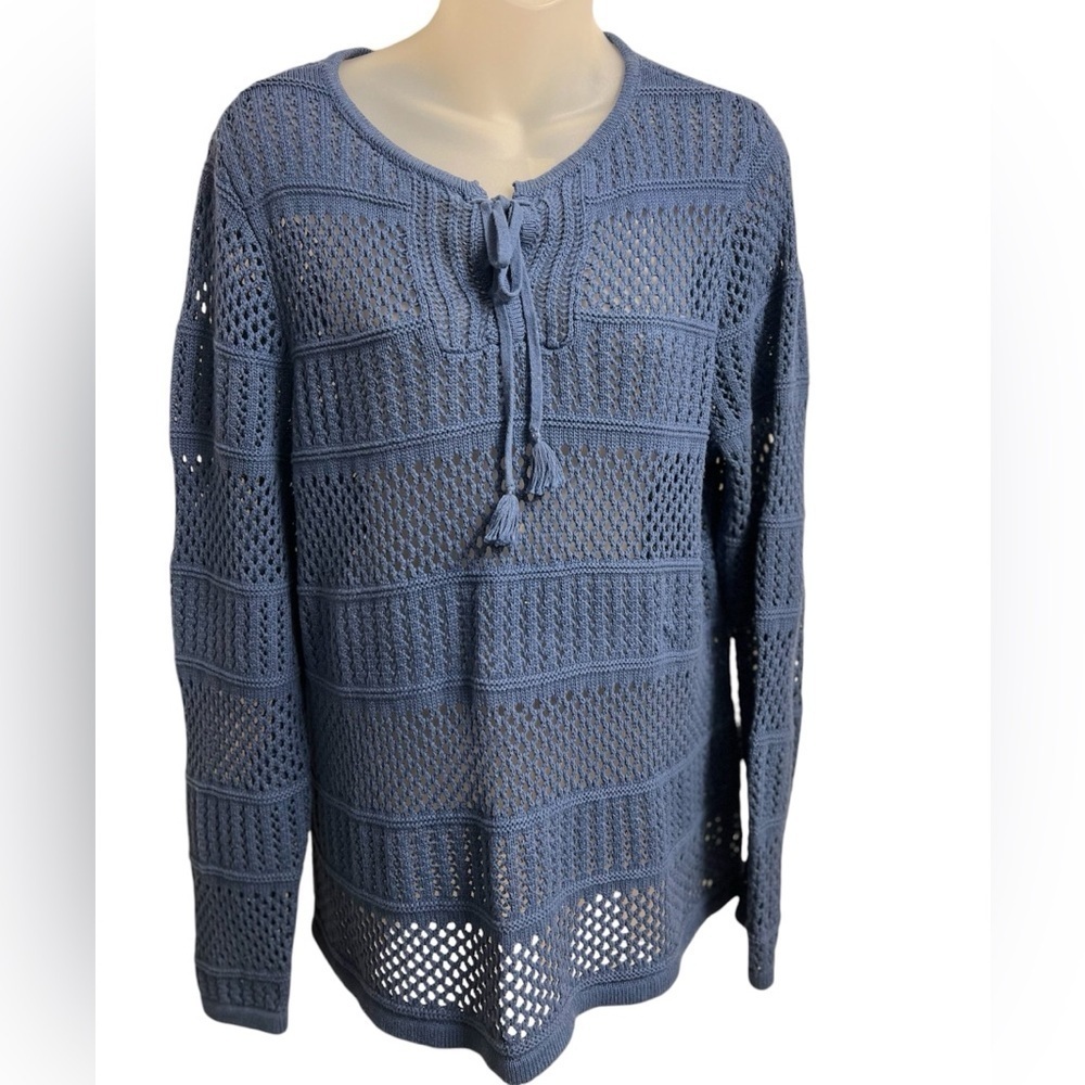 Christopher & Banks women’s blue crochet cotton knit sweater Large with Tassels
